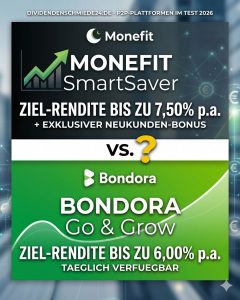 Infografik im 4:5 Format für einen P2P-Plattform-Vergleich 2026 von Dividendenschmiede24.de. Oben: Monefit SmartSaver auf schwarzem Grund mit einer Ziel-Rendite von bis zu 7,50 % p.a. plus Neukunden-Bonus. Unten: Bondora Go & Grow auf grünem Grund mit einer Ziel-Rendite von bis zu 6,00 % p.a. und dem Hinweis 'täglich verfügbar'. In der Mitte trennt ein weißer Balken mit dem Schriftzug 'vs.' und einem gelben Fragezeichen die beiden Anbieter.