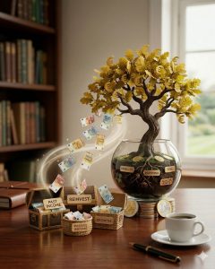 Eine detaillierte Infografik, die ein wachsendes Finanzvermögen als Bonsai-Geldbaum in einem Glasgefäß darstellt. Euro-Banknoten fließen von Schatzkisten mit der Aufschrift „PASSIVES EINKOMMEN“ und „REINVESTIEREN“ direkt zu den Wurzeln des Baumes, was das Prinzip des Zinseszinseffekts und des passiven Wachstums illustriert.