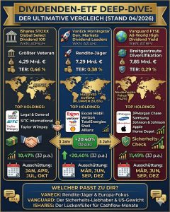 Infografik Vergleich Dividenden-ETFs 2026: iShares STOXX Global Select Dividend 100 vs. VanEck Morningstar Developed Markets Dividend Leaders vs. Vanguard FTSE All-World High Dividend Yield. Detaillierte Gegenüberstellung von Rendite, TER, Europa-Klumpenrisiko und Top-Holdings für passives Einkommen.