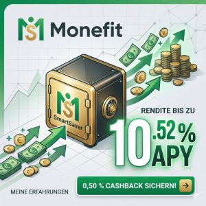 Infografik für einen Blogpost über Monefit SmartSaver. Das Bild zeigt ein modernes, 1:1 quadratisches Design in Grün- und Goldtönen. Im Zentrum steht ein Tresor mit dem Monefit SmartSaver-Logo und der Aufschrift 'SmartSaver'. Um den Tresor herum fließen Euro-Banknoten und Goldmünzen mit aufsteigenden Pfeilen und Plus-Symbolen, die Wachstum darstellen. Rechts ist groß und fett der Text '10.52 % APY' mit der Beschriftung 'RENDITE BIS ZU' platziert. Unten befindet sich ein grüner Button mit weißer Schrift: '0,50 % CASHBACK SICHERN! ->' und links daneben der Text 'MEINE ERFAHRUNGEN'.