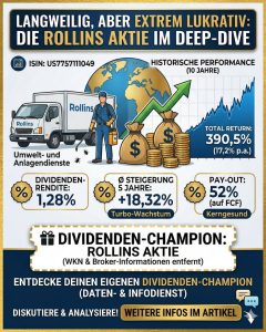 Infografik zur Rollins Aktie Analyse: Vergleich zwischen dem operativen Geschäft der Schädlingsbekämpfung und der lukrativen Finanzperformance. Darstellung von 1,28 % Dividendenrendite, +18,32 % Dividendenwachstum p.a. und einem Total Return von 390,5 % über 10 Jahre.